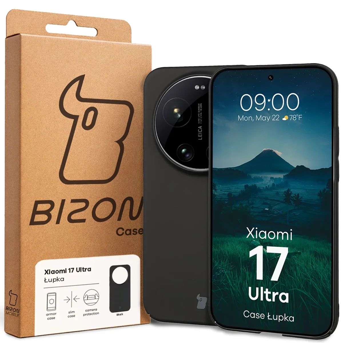 Przód pudełka Bizon Case z dedykowaną etykietą do Xiaomi 17 Ultra